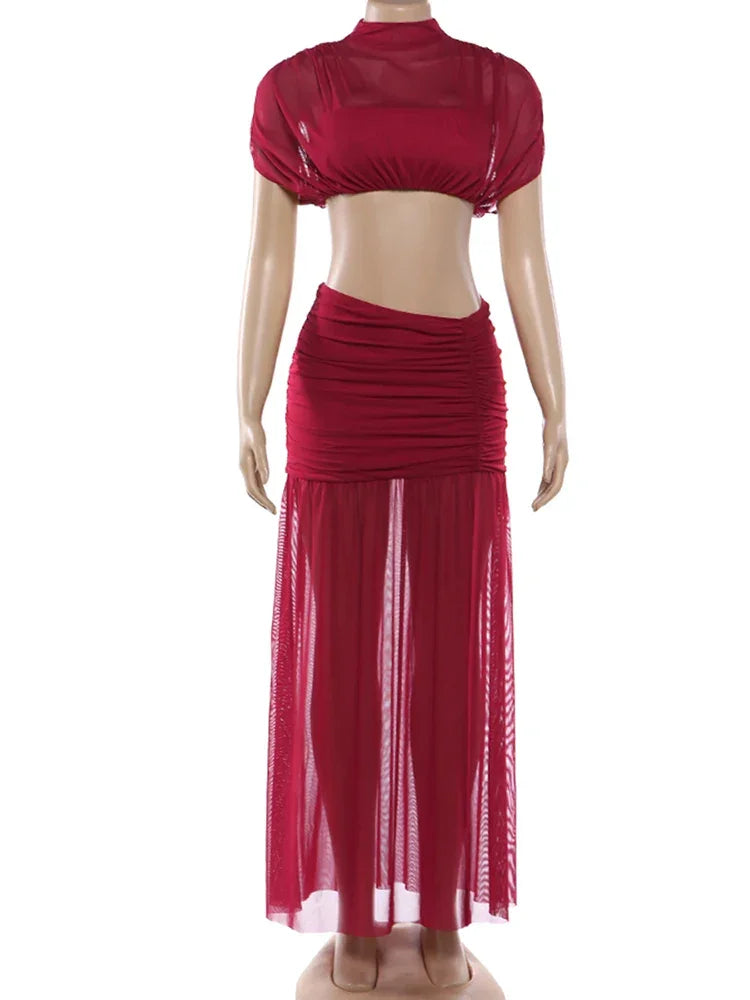 Haddam Half High Collar Shoulder Wrapped Ruched Patchwork Peach Hip Split Set