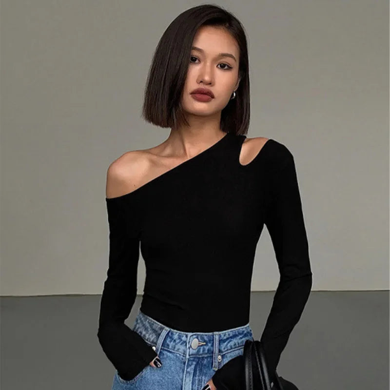 Union City Skew Collar Off Shoulder Long Sleeved T Shirts New Solid Slim Fit Crop Top