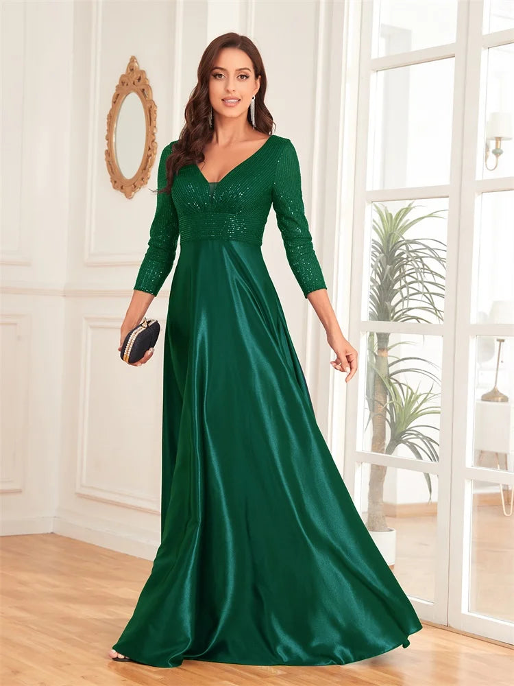 Egipt Elegant Sequins Long sleeves Evening Luxury Deep V Neck Satin Dress