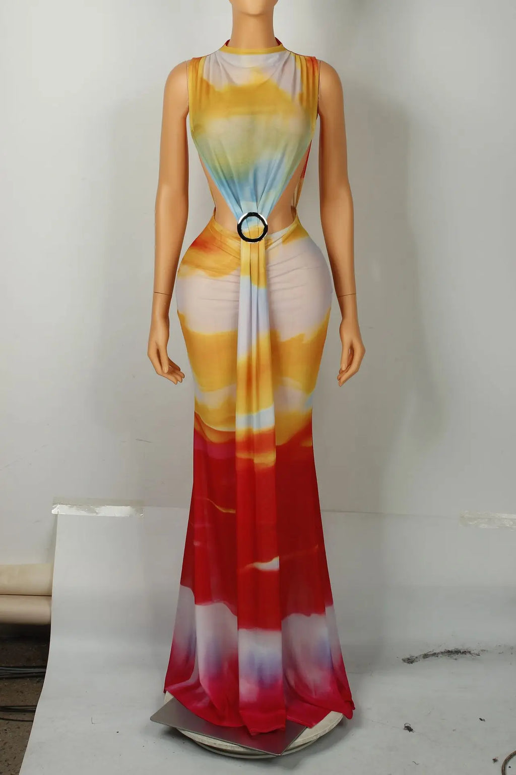 O Neck High Split Stacked Print Bodycon Long Maxi Dress