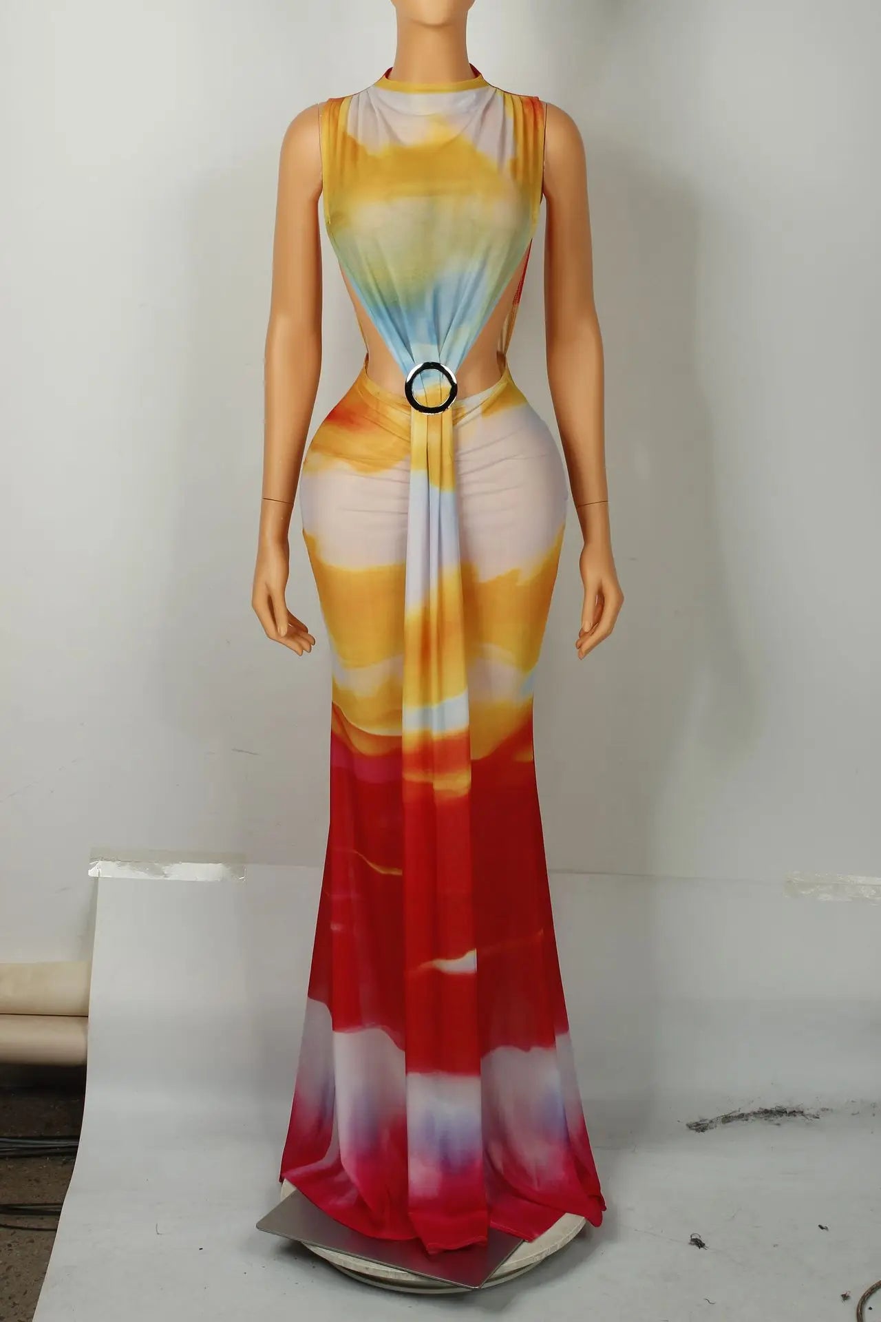O Neck High Split Stacked Print Bodycon Long Maxi Dress