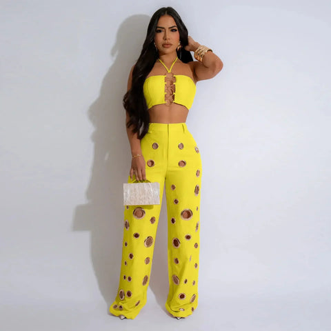 Beacon Falls Sleeveless Strapless Wide Leg Hole Hollow Out Two Piece Set