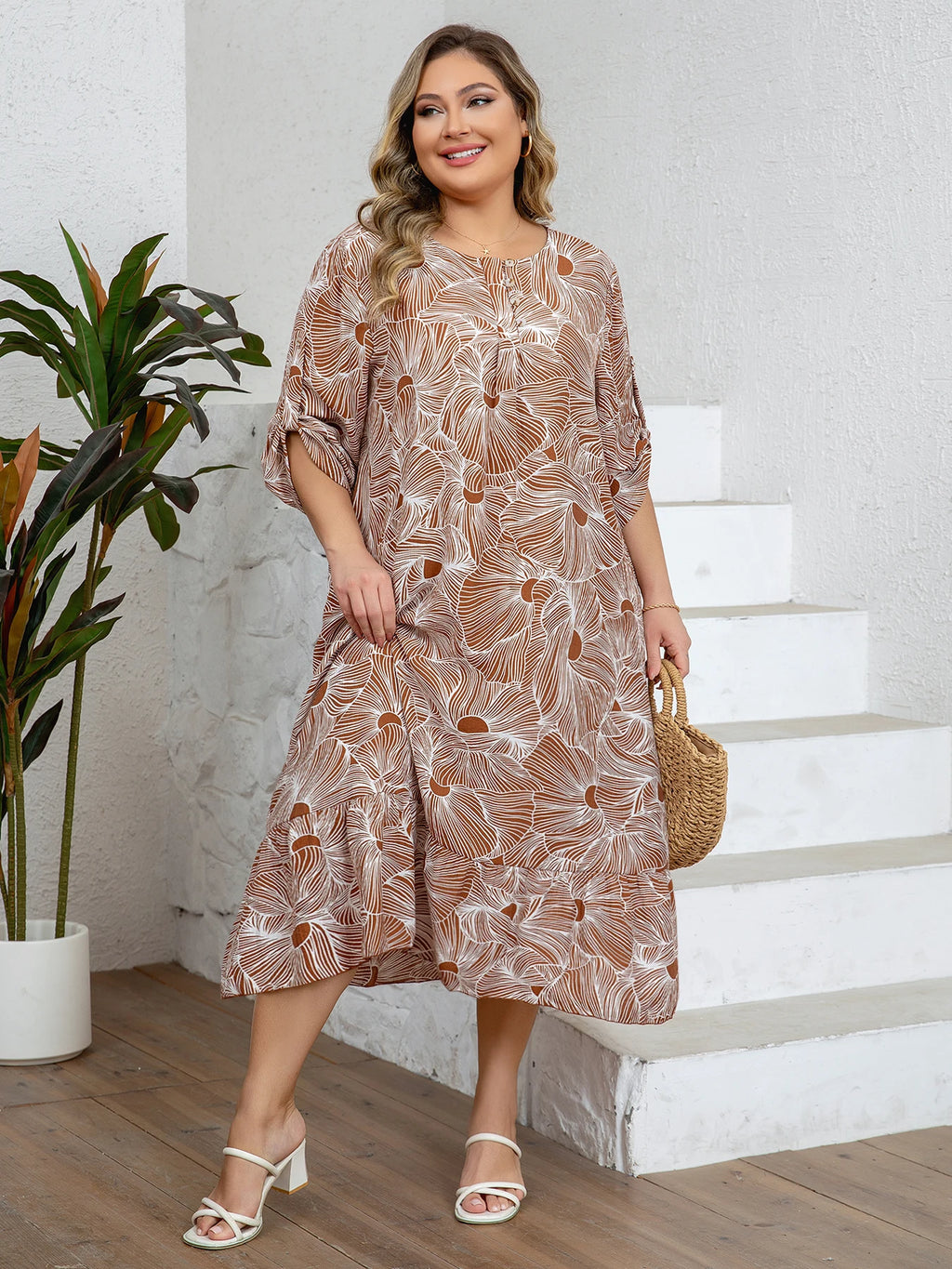 Saint Thomas Plus Size Floral Print Half Sleeve Round Neck Design Loose Dress