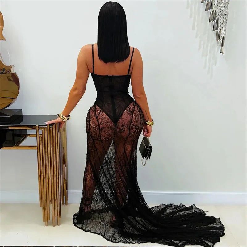 Harlem See Through Lace Mermaid Evening Dress Nightclub Spaghetti Strap