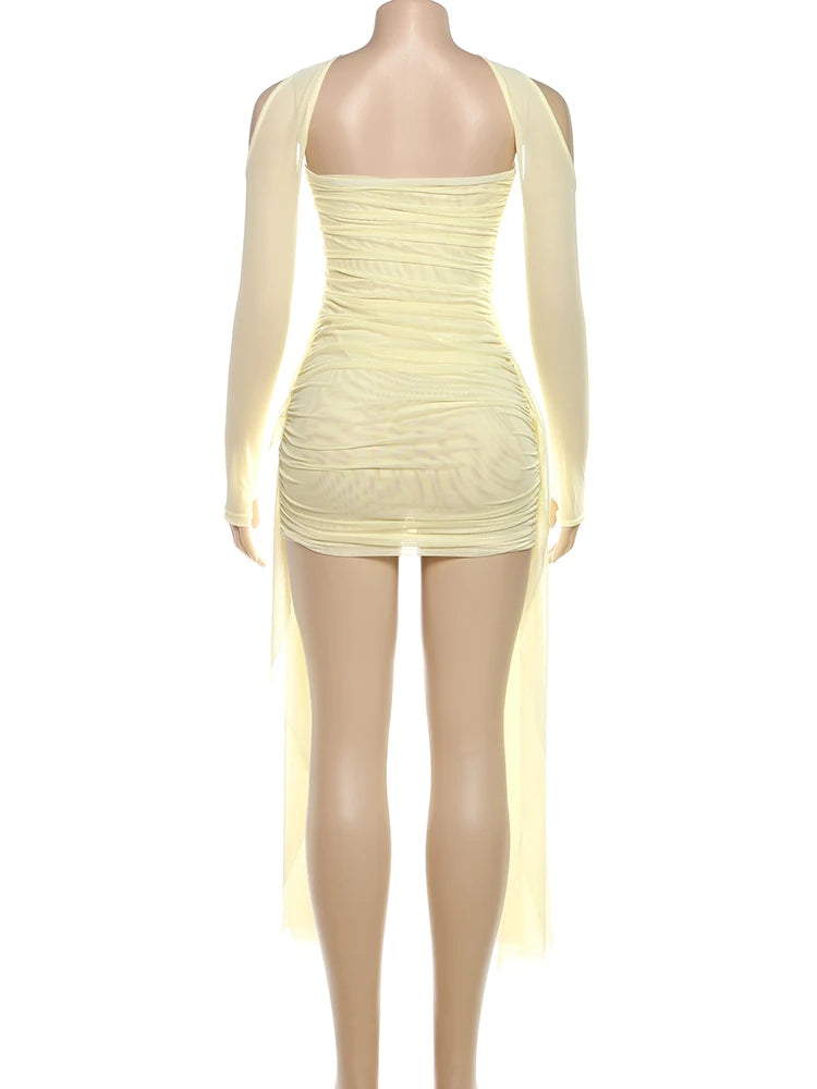 Edison Sexy See Through Dress Shawl Ruched Side Ribbon Coquette Skinny Dress