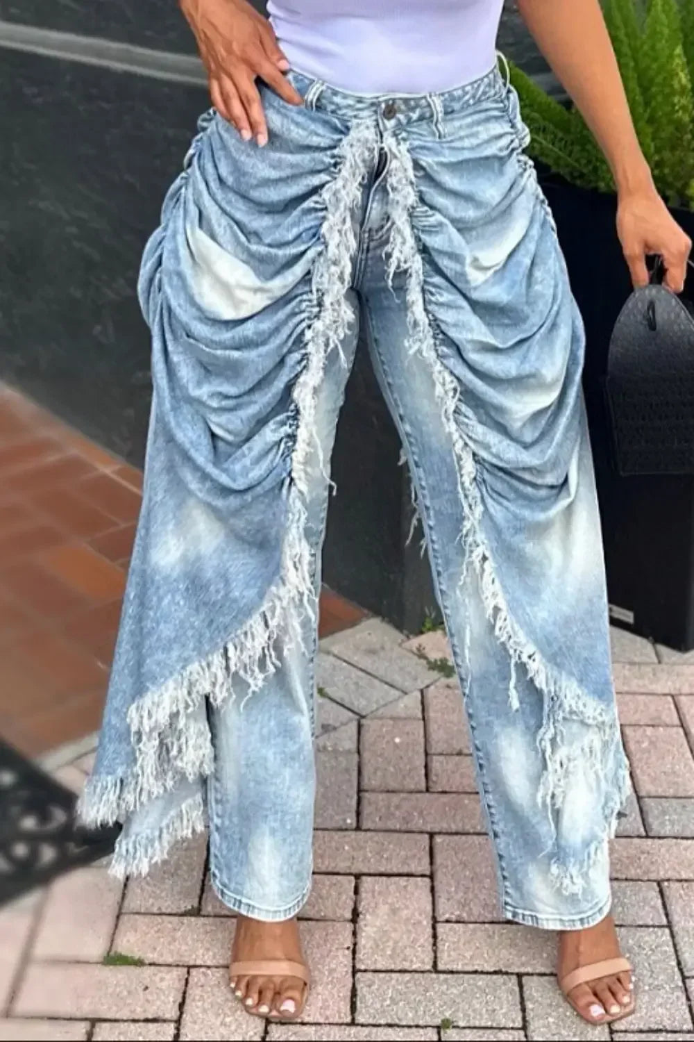 Absecon Ruched Frayed Trim Casual Contrast High Street Vintage Casual Asymmetric Denim