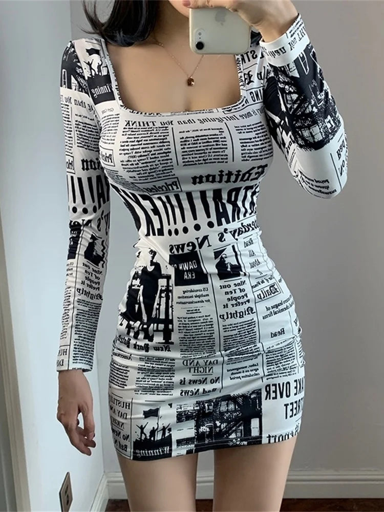 Amazonia Printed Newspaper Sexy New Fashion Street Shooting Slim Mini Dress