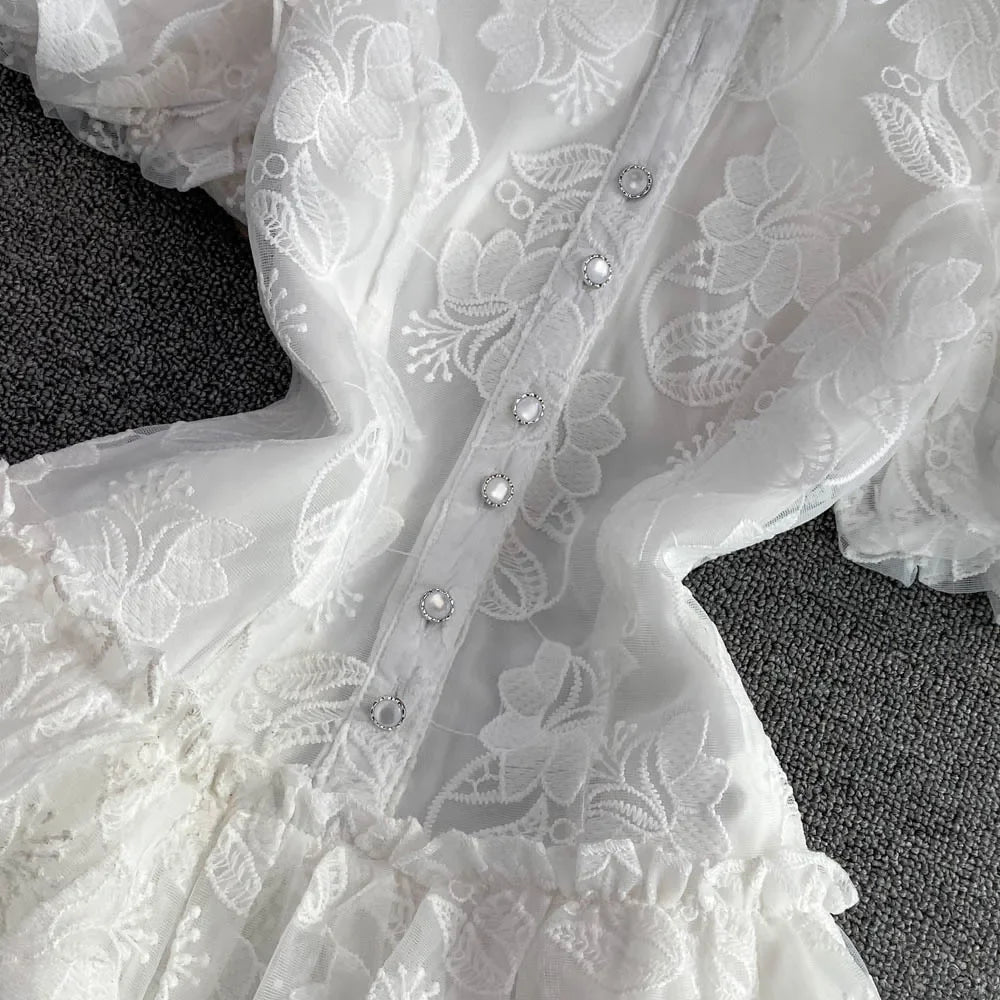 Lyndhurst Vintage Lace Gown Turn Down Collar Puff Sleeve Mini Dress