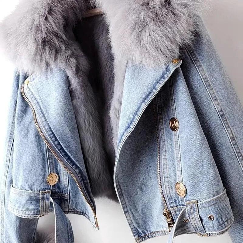 Tobyhanna Faux Fox Fur Collar Short Warm Parkas Rabbit Hair Lining Outwear Jacket