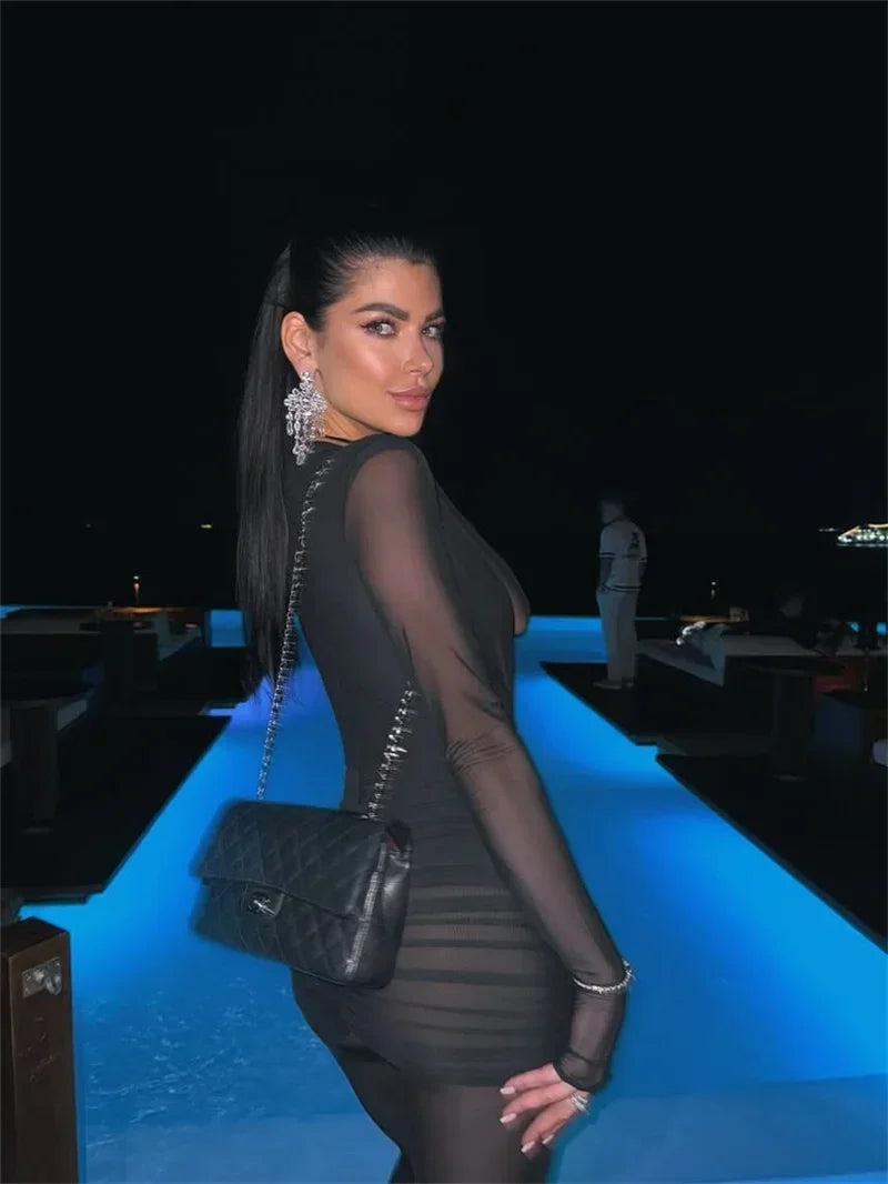 Milford Deep V Neck Long Sleeve Sexy Patchwork See Through Ruched Jumpsuits