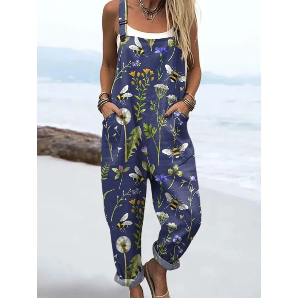 Summer Floral Romper Overalls Breathable & Comfortable Women's Jumpsuit with Pockets Adjustable Straps Romper for Streetwear