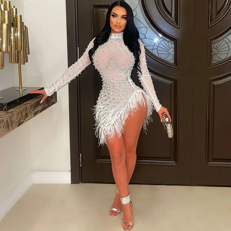 Whippany Pearls Rhinestone Party Elegance Nightclub Feather Mini Dress