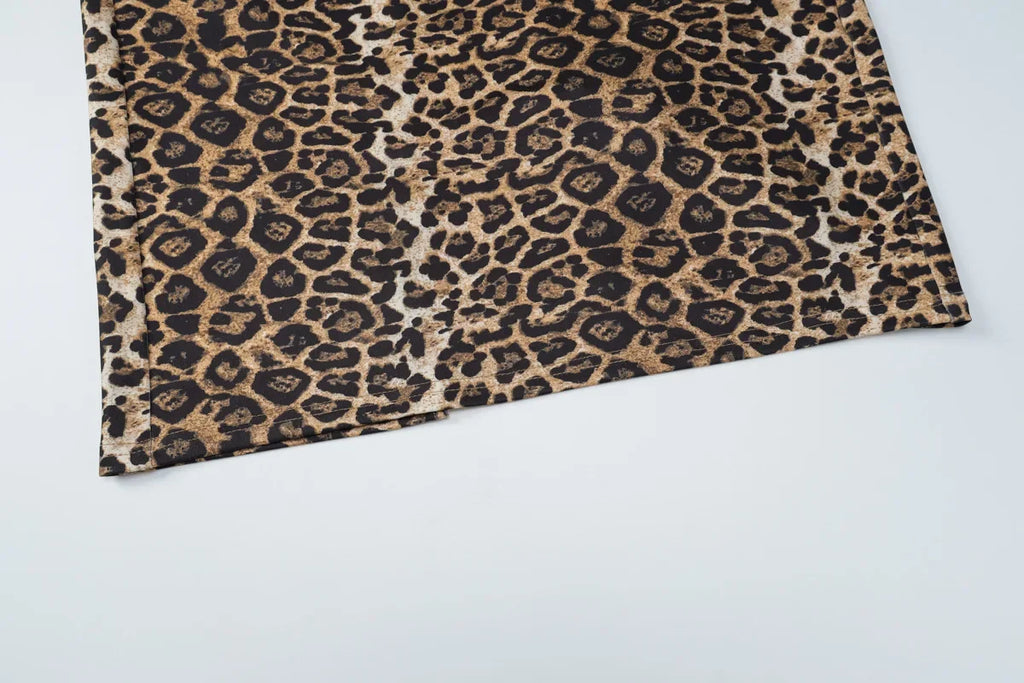 Bath Beach Elegant Square Collar Sleeveless Bodycon Split Leopard Print Long Party Dress
