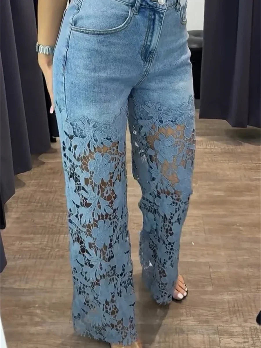 Old Bridge Solid Slimming Hollow Out Denim High Waist Spliced Button Jeans