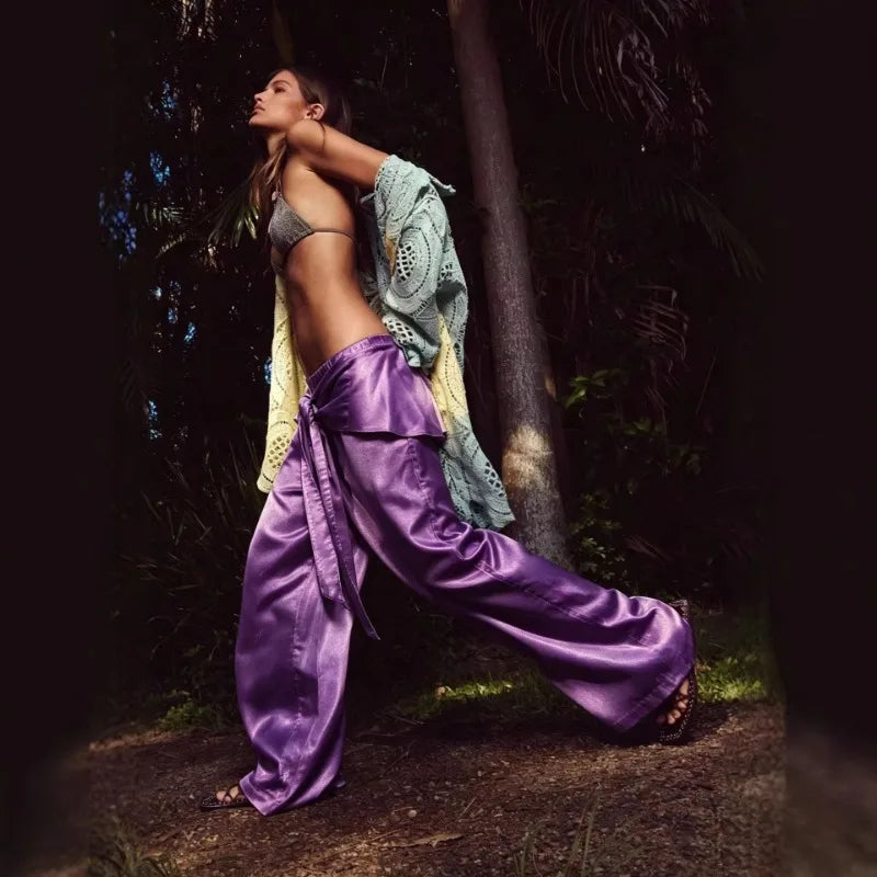 Boca Chica Tie Waist Foil Satin Wide Leg Boho Lazy Casual High Waist Pants