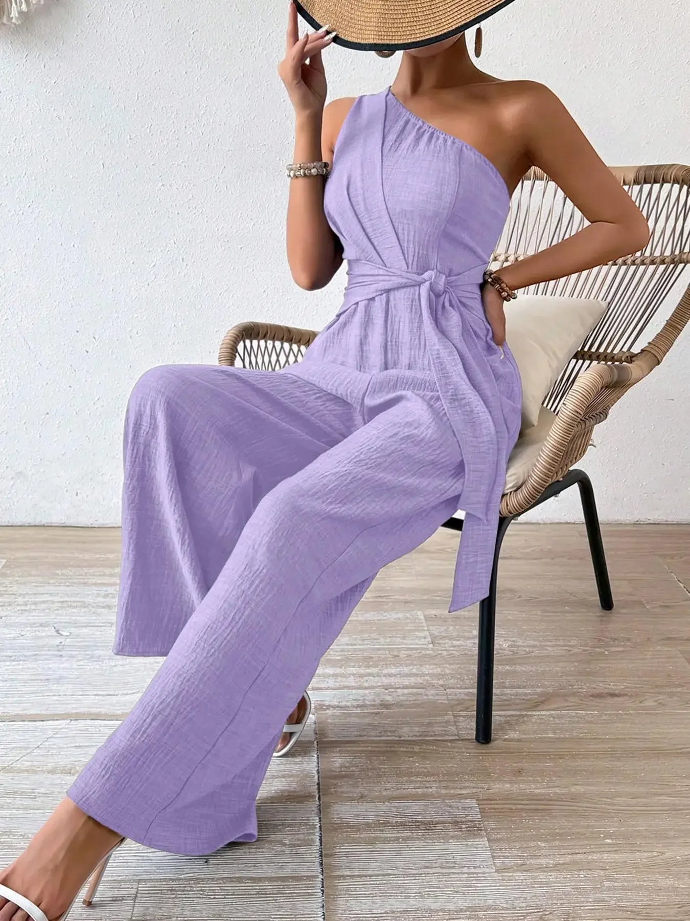 Detroit Fashion Sleeveless Diagonal Collar High Waist Lace-up Wide Leg Jumpsuits