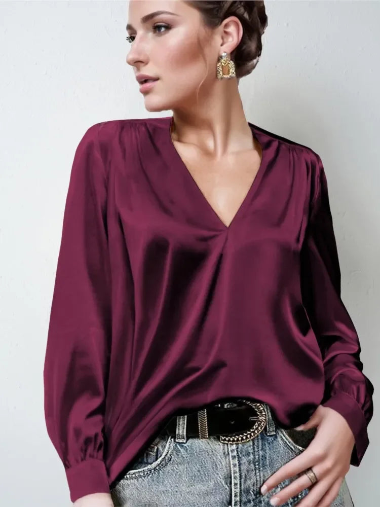 Elmer Solid Color V-Neck Long Sleeve Office Loose Elegant Blouse