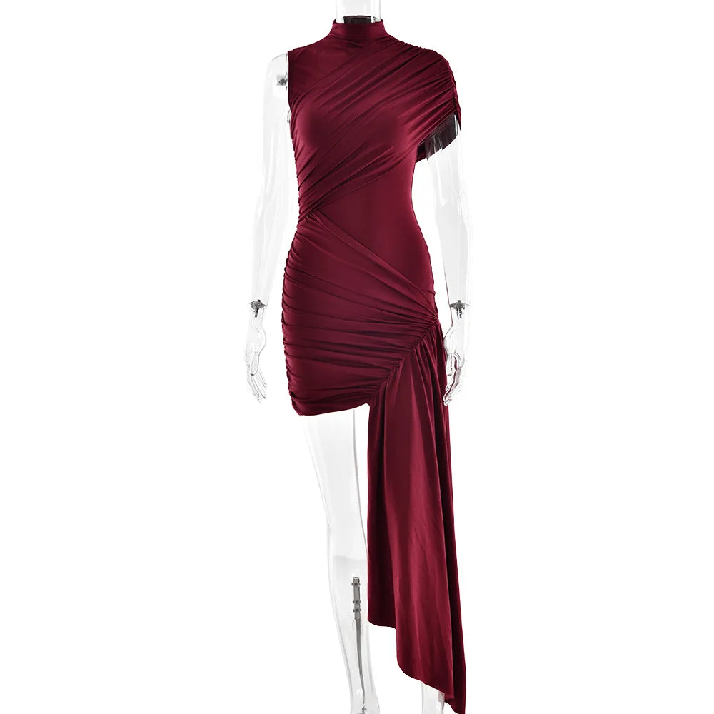 Aspen Knolls Ruched Sexy Solid Color Elegant Turtleneck Sleeveless Asymmetric Dress