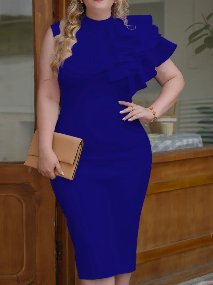 Bardonia Fashion Bodycon High Neck Sleeveless One Shoulder With Flower Ruffle Dress