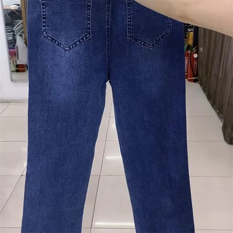 Fashion Women Jeans 2025 New Spring Autumn Korean Wild Elastic Waist Straight Denim