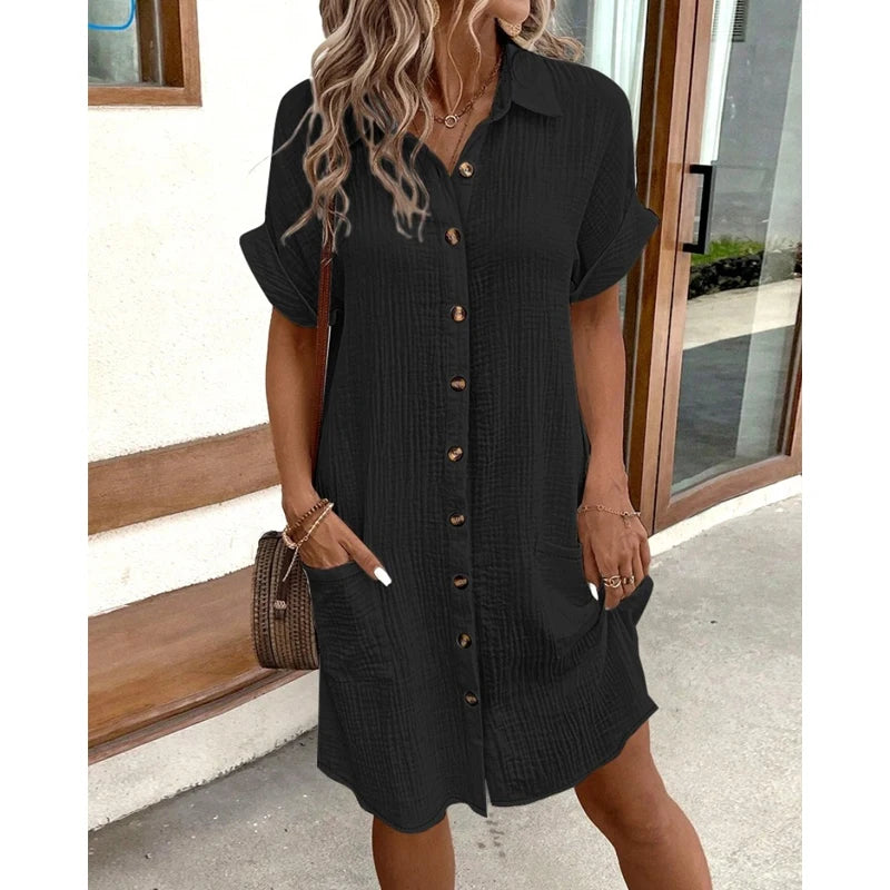 John Beach Solid Fashion V-neck Three Quater Sleeve Cotton Linen Dress