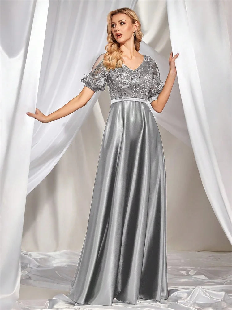 Charlotte Elegant Satin Patchwork Sequins V Neck Formal Evening Dress