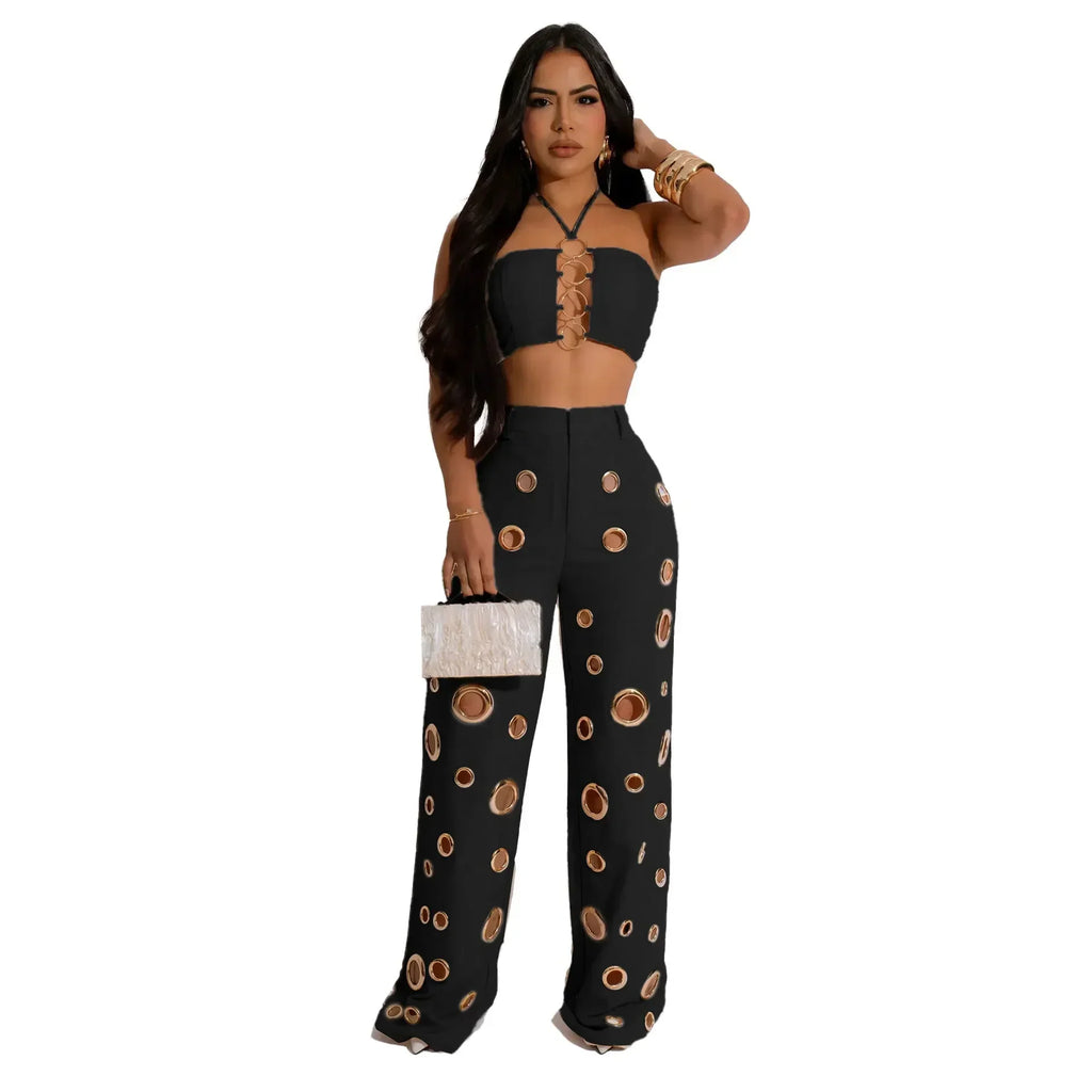Beacon Falls Sleeveless Strapless Wide Leg Hole Hollow Out Two Piece Set