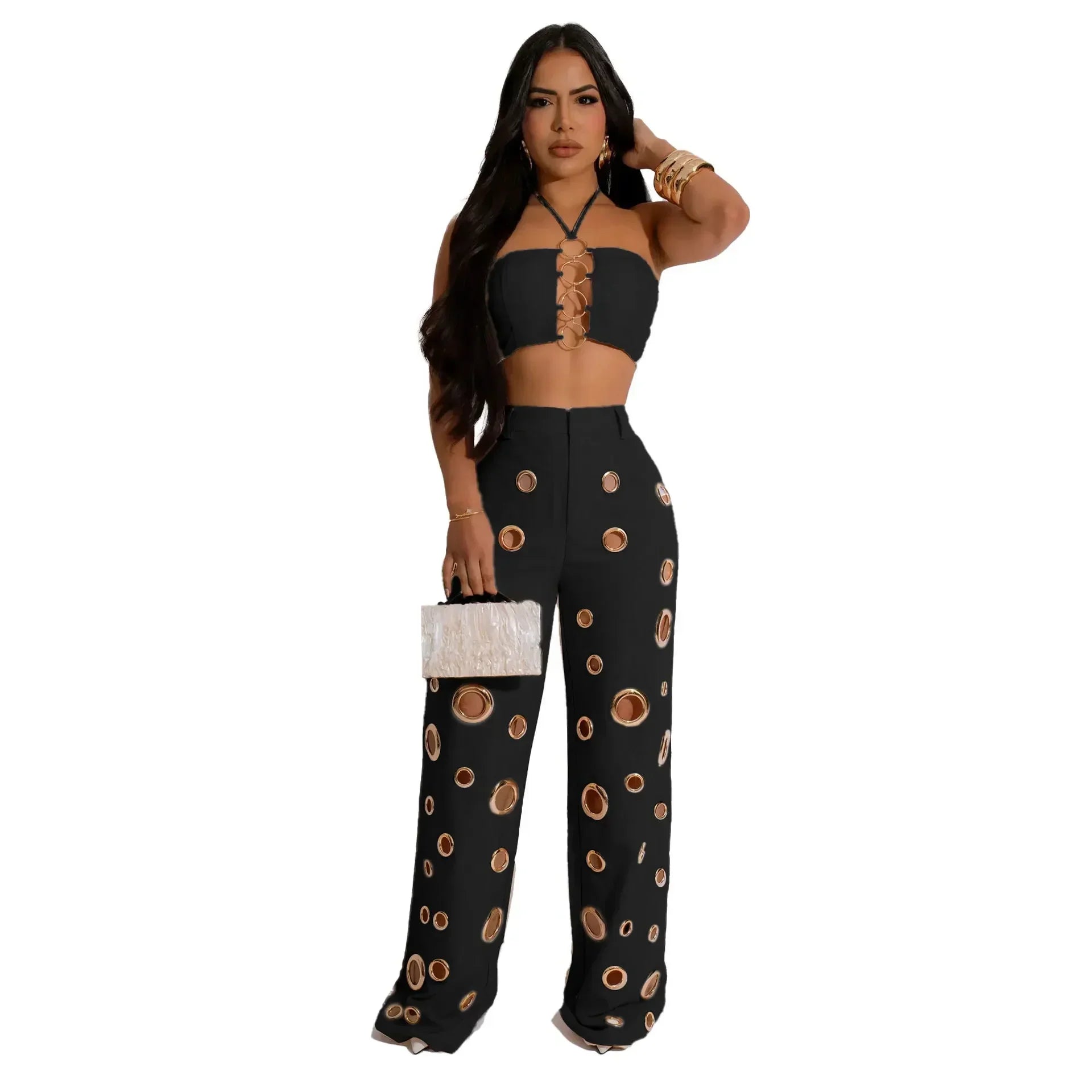Beacon Falls Sleeveless Strapless Wide Leg Hole Hollow Out Two Piece Set