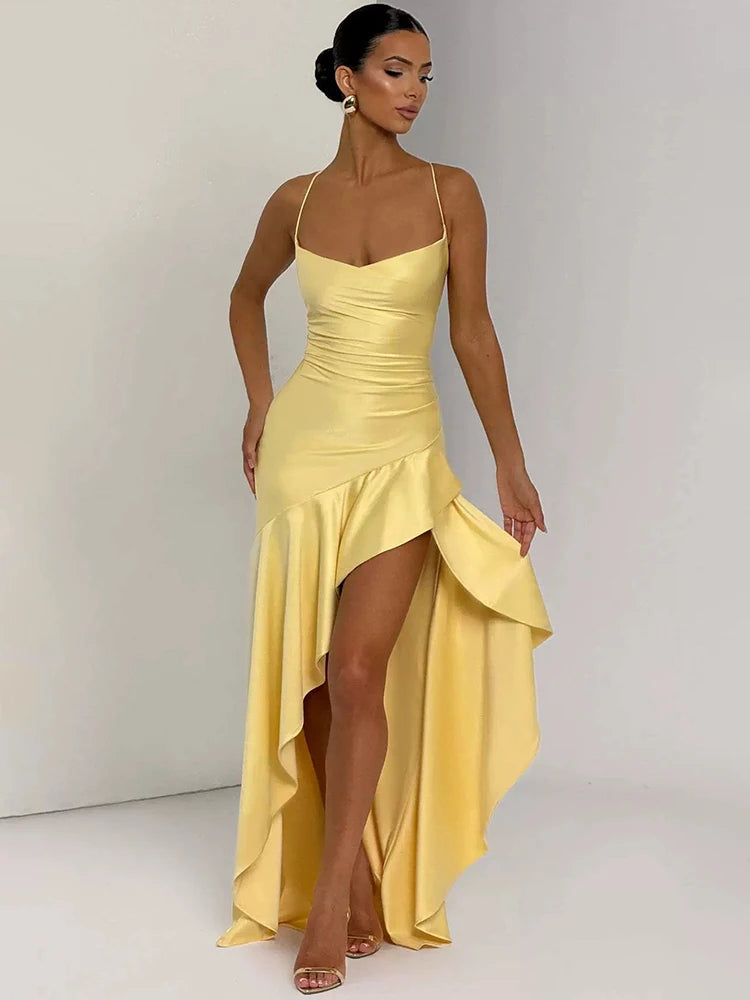 Haverstraw Satin Spaghetti Strap Ruffle Sexy Off-shoulder Sleeveless Backless Maxi Dress