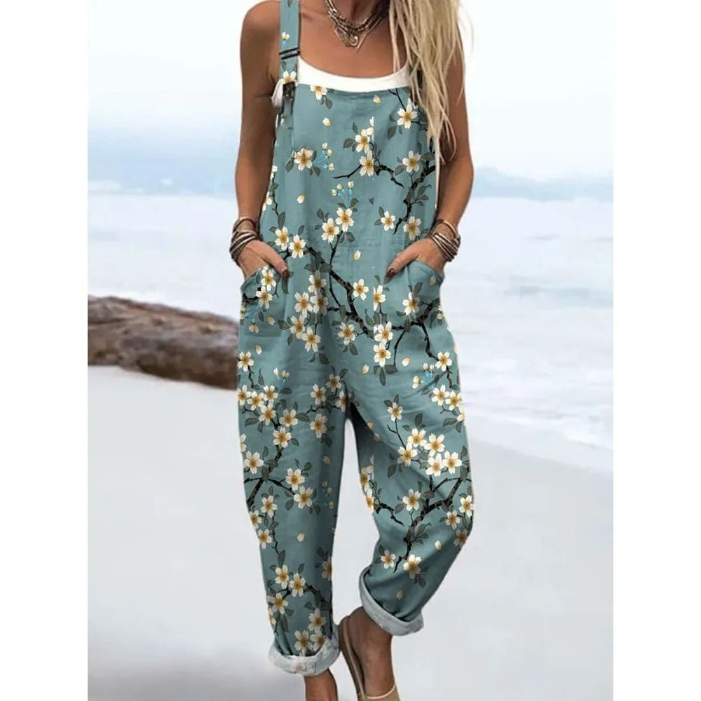 Summer Floral Romper Overalls Breathable & Comfortable Women's Jumpsuit with Pockets Adjustable Straps Romper for Streetwear