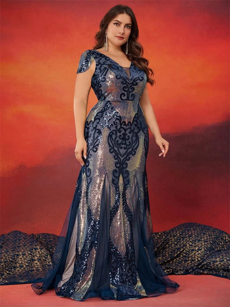 Manapeq Plus Size Luxury Cap Sleeves V-back Sequins Formal Evening Dress