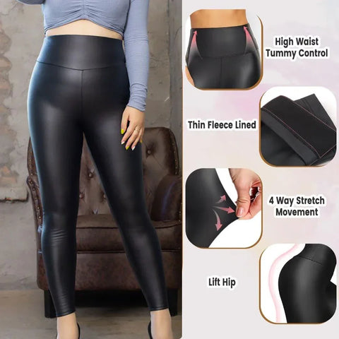 Red Bank PU Leather Leggings Leather Pencil Pants Female High Waist Sexy Skinny Thin Leather Trousers