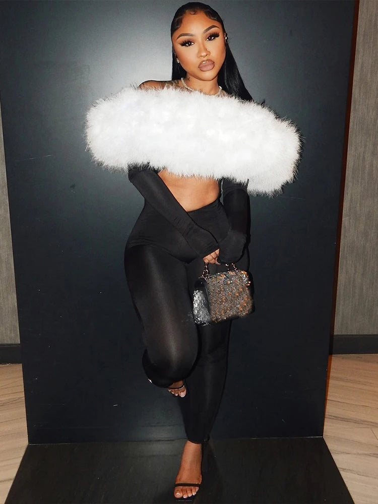 Branford Furry Slash Neck Hipster Patchwork Trend Sexy Hollow Stretch Jumpsuits