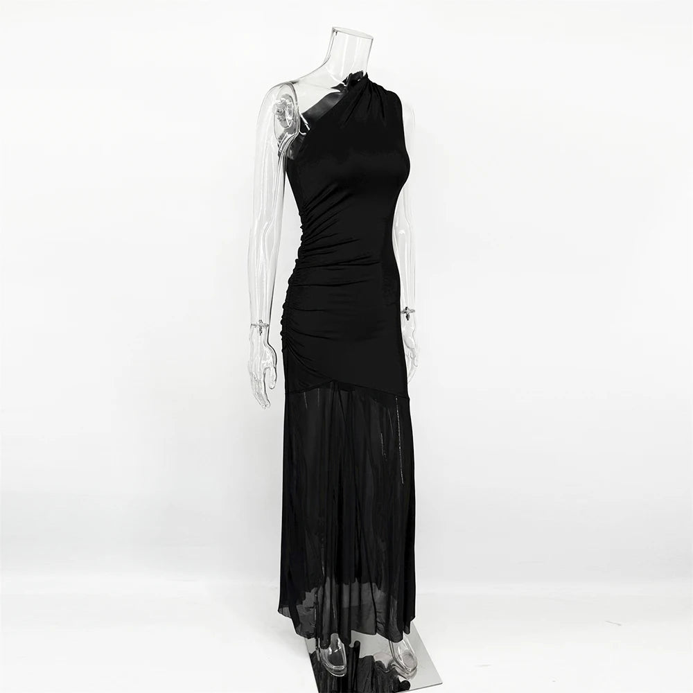 Helmetta Off Shoulder See Through Solid High Waist Patchwork Backless Slim Long Dress