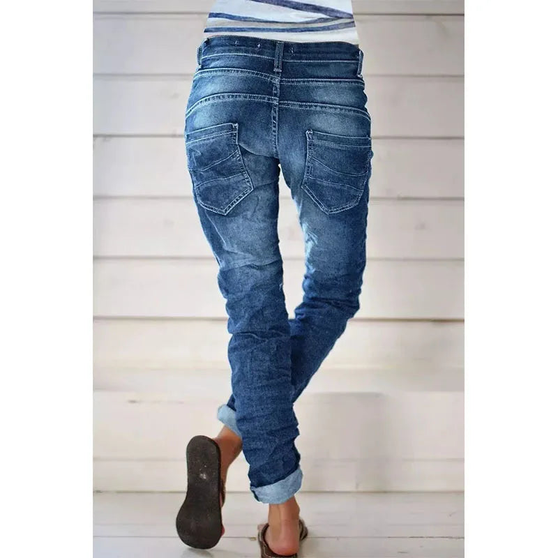 Jeans for Women Drawstring Elastic-waisted Jeans Casual Button Baggy Jeans