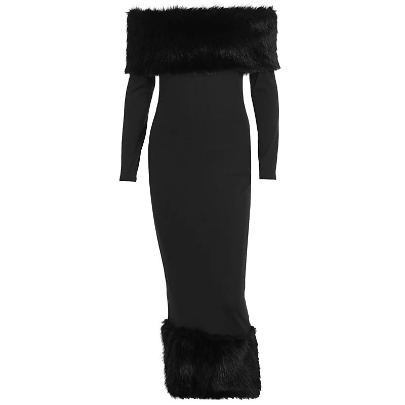 La Zurza Strapless Faux Fur Patchwork Sexy Off Shoulder Full Sleeve Cinched-waist Bodycon Dress