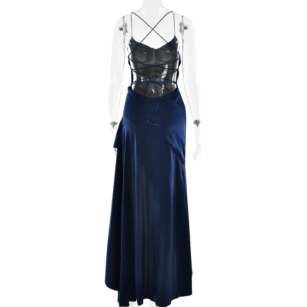 Stony Point Satin Long Dr with High Slit And Lace Trim Charming Dress