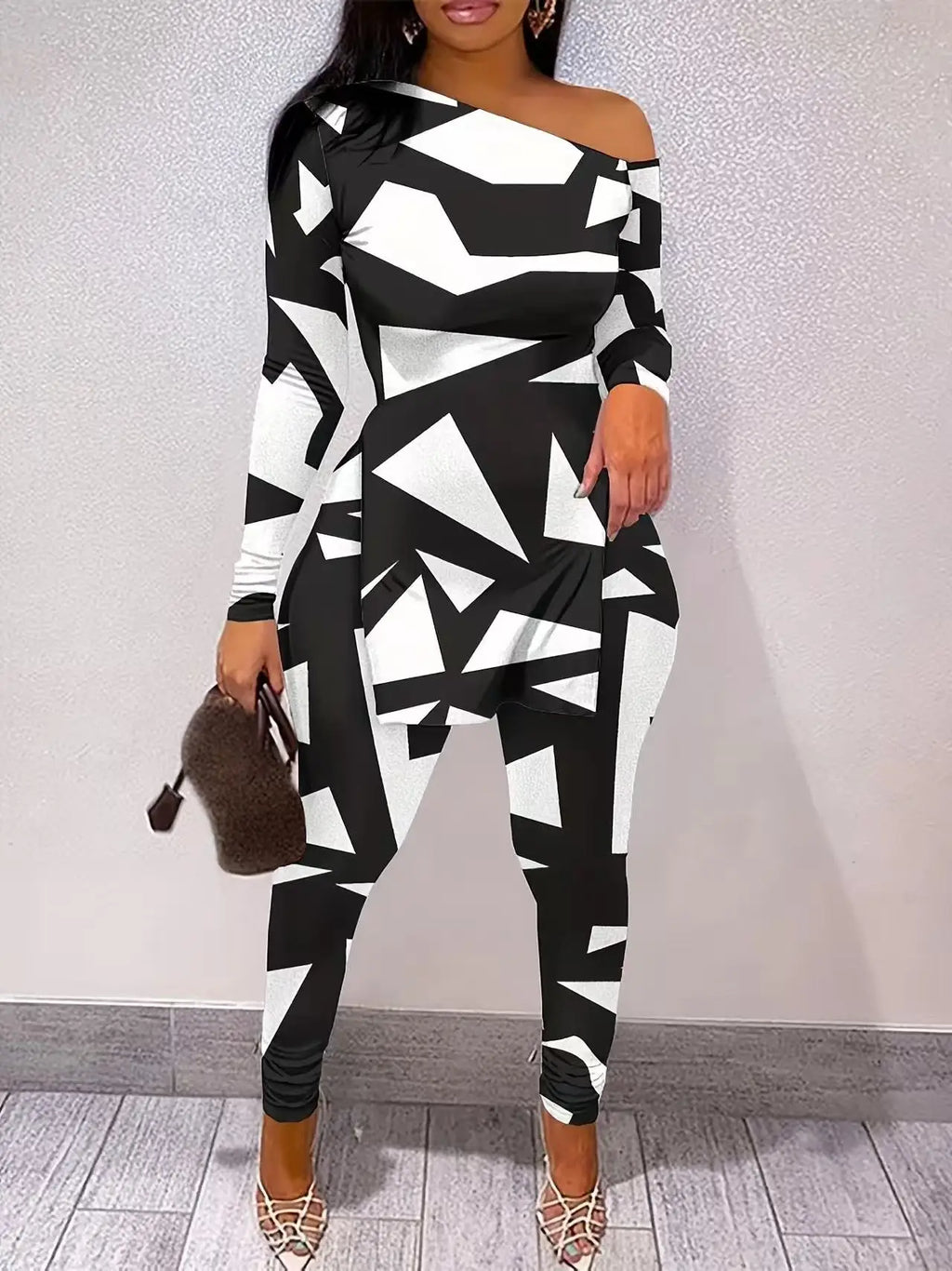 Ana Plus size Geometric Print One-Shoulder Two-Piece Sets