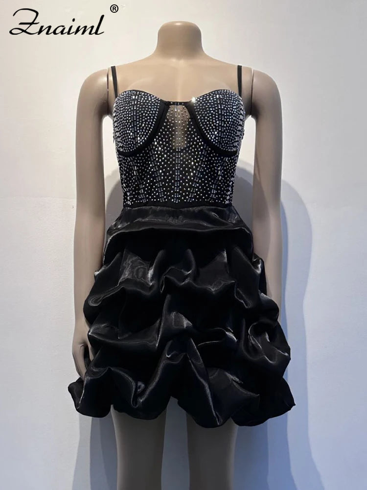 Elegant Christmas Mesh Sheer Patchwork Diamonds Rhinestone Mini Dress