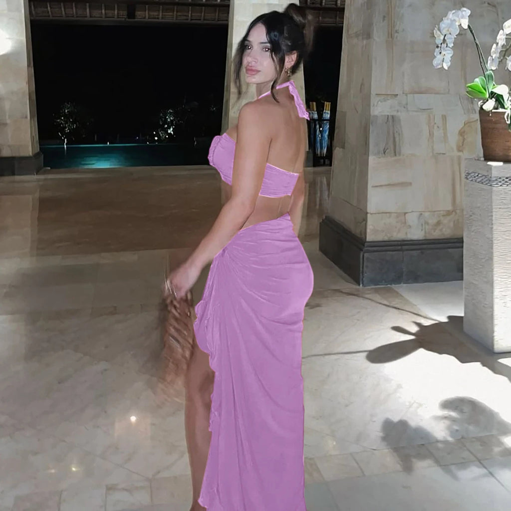 Ogdensburg Strapless Tie Flower Draped Sexy Crop Tank Slit Tassel Set