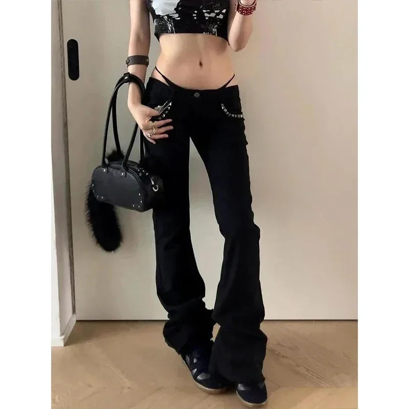 Lakewood Black Low Rise Flared Retro Rivet Slim Kpop Trousers