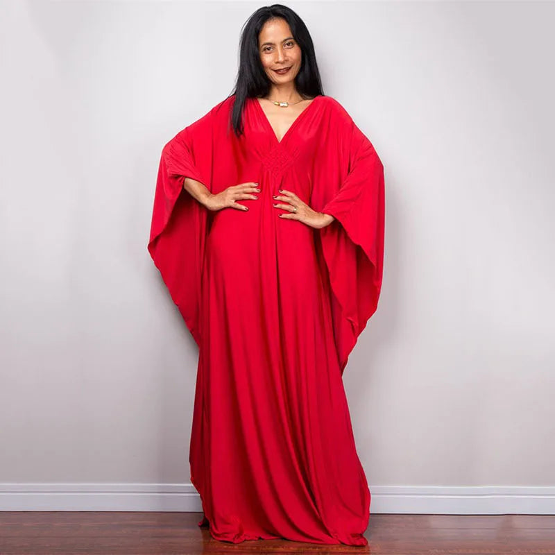 Plaza Plus Size Caftan Solid Color Plus Size Beach V Neck Cover Up Loose Soft Kaftan Dress