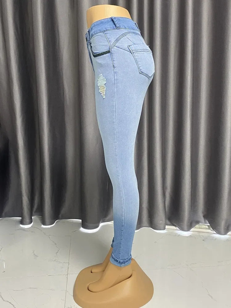 Albany Elastic Slimming, Hip-lifting High-waisted Gradient Casual Ripped Skinny Jeans