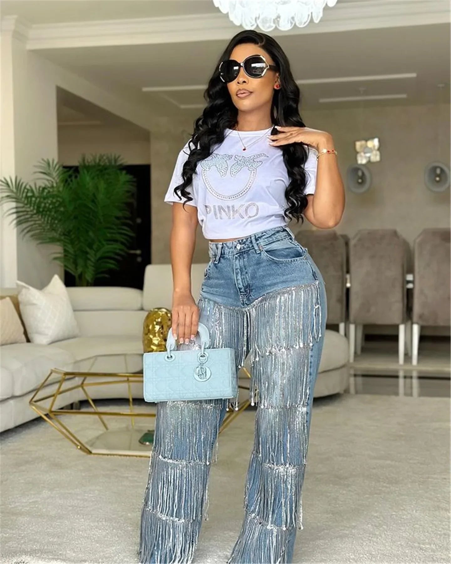 Nazareth High Waist Sequined Tassel Cargo Ripped Streetwear Jeans