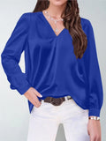 Elmer Solid Color V-Neck Long Sleeve Office Loose Elegant Blouse