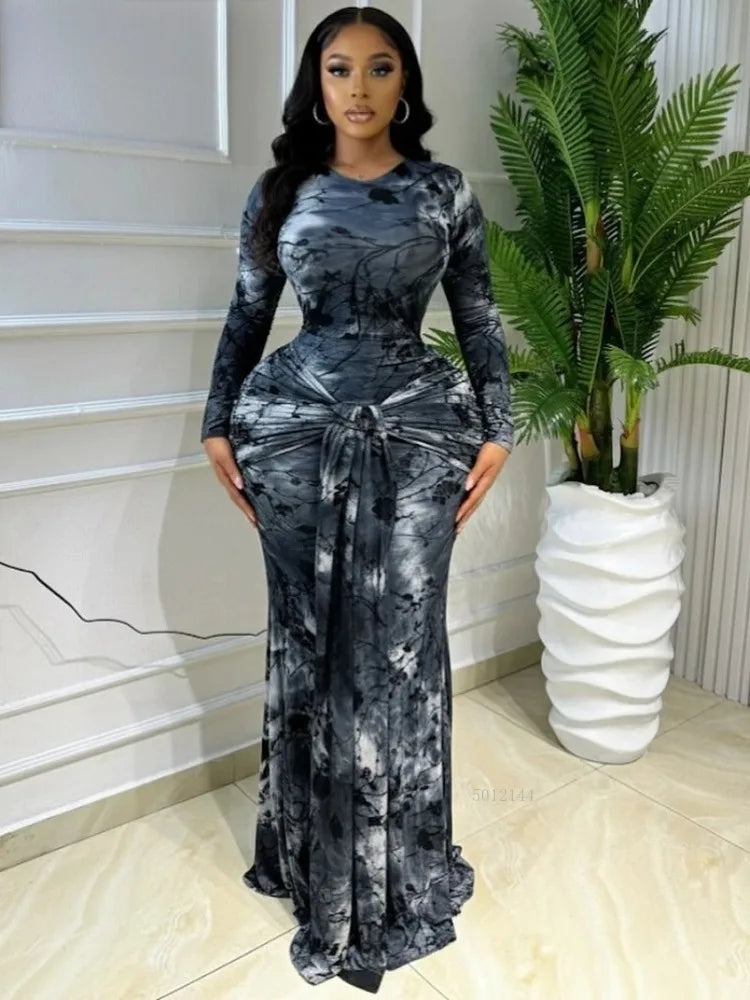 Beattystown Elegant Tie Dye Printed Skew Neck Flare Long Sleeve Ruched Maxi Dress
