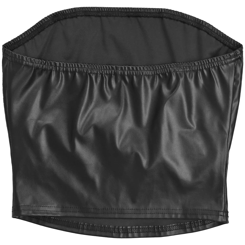 Samantha Faux Leather Set Strapless Tube Two Piece Sets