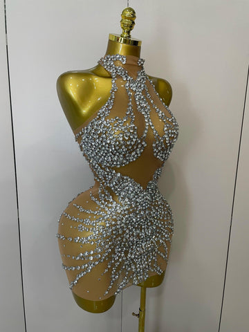 Elmira Rhinestones Sexy Mesh See Through Dress Party Evening Dress