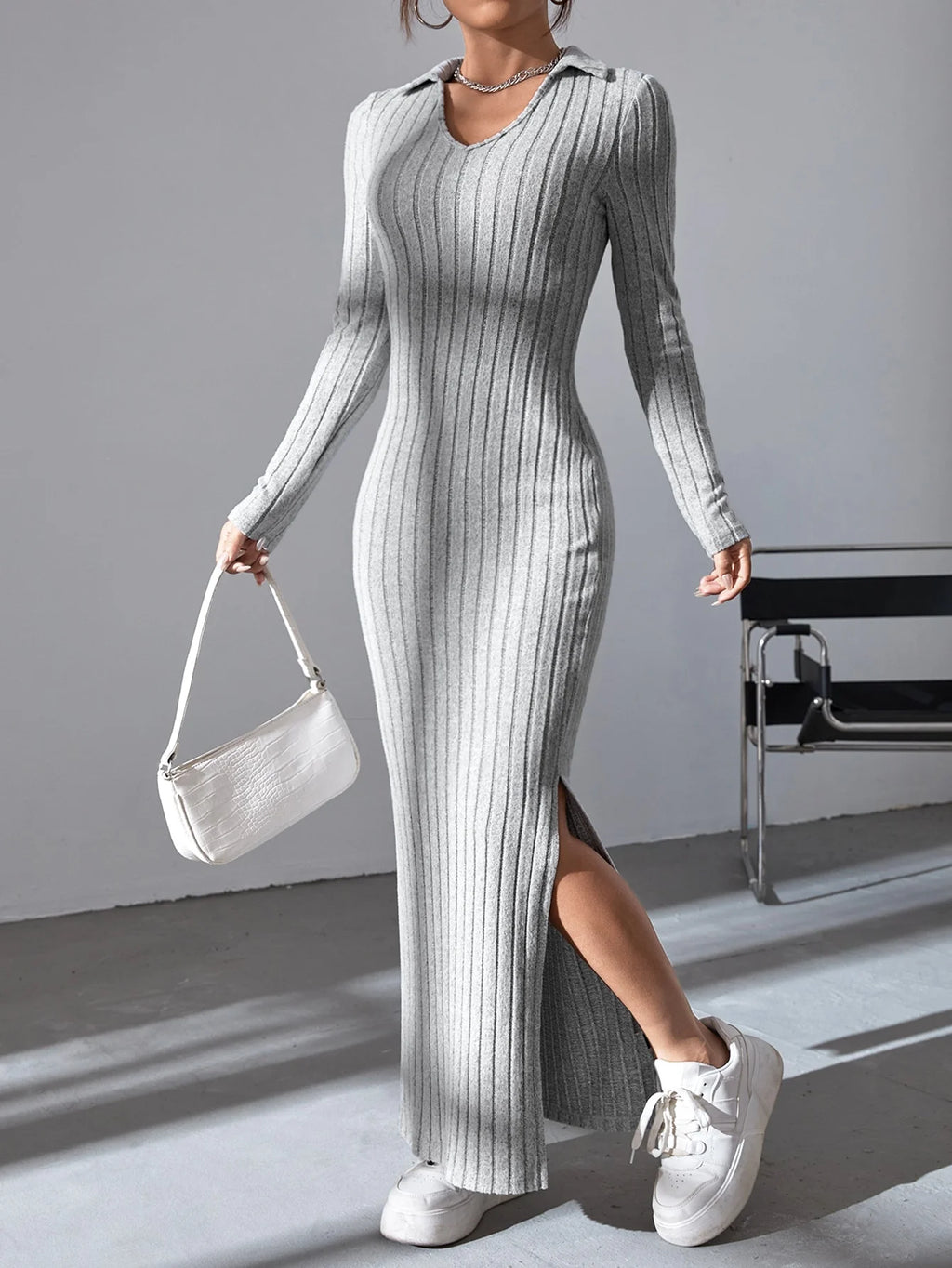 Virginia Knit V Neck Reverse Neck Split Falls Dress