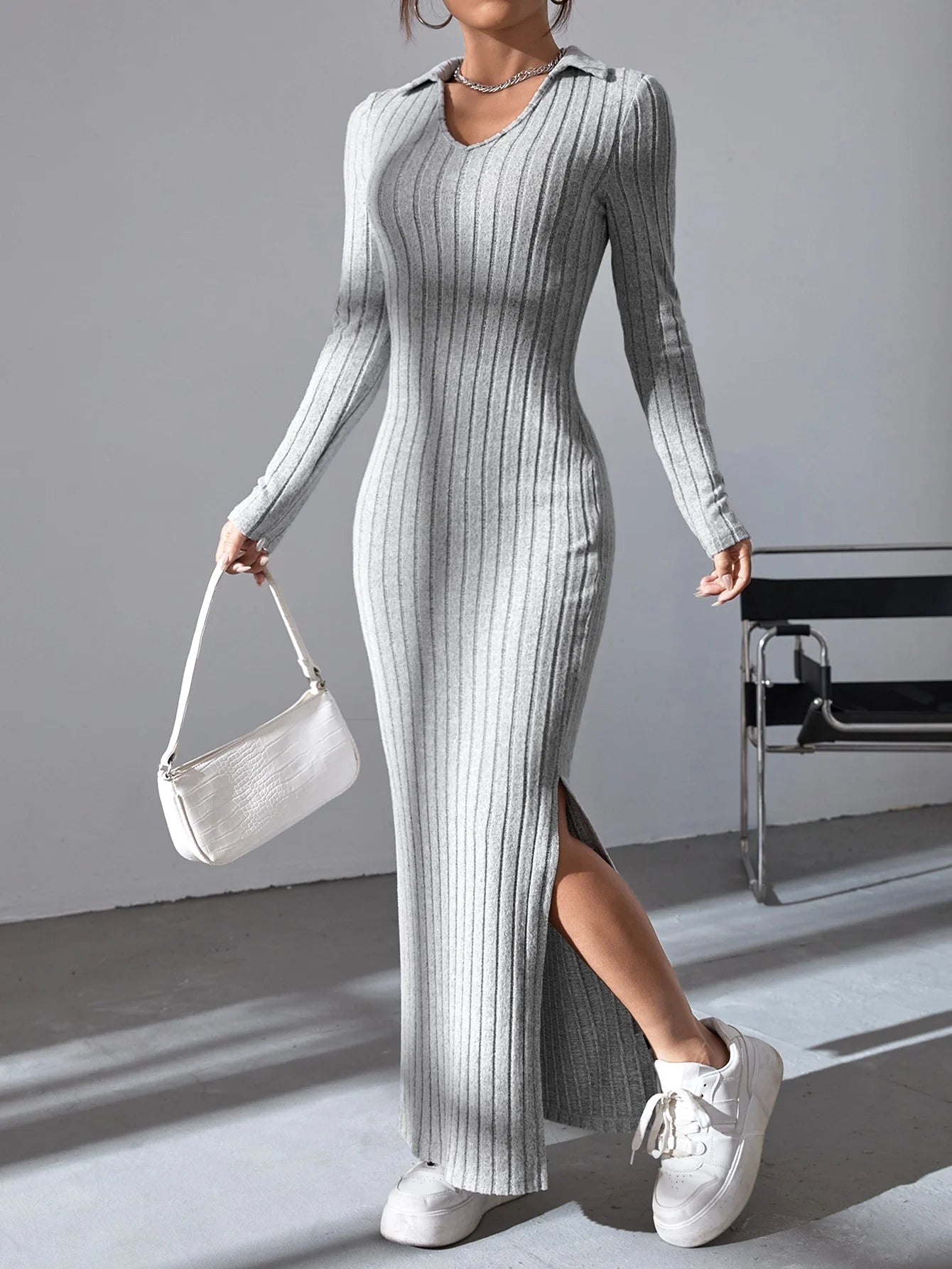 Virginia Knit V Neck Reverse Neck Split Falls Dress